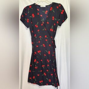 CUPSHE Red Cherry Print Navy Blue Midi Wrap Dress Size Small Fruity Summer